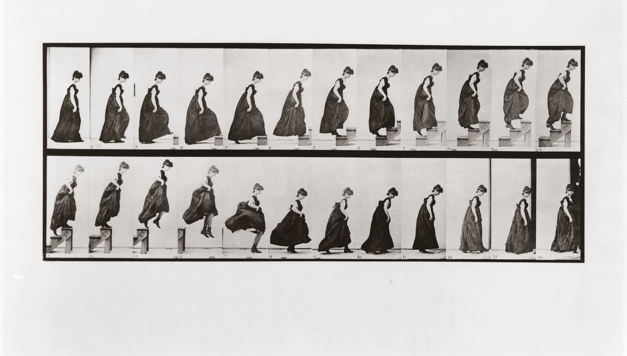 Kvinne som går i trapper og hopper ned, plate 173 fra Animal Locomotion, 1887 av Eadweard Muybridge