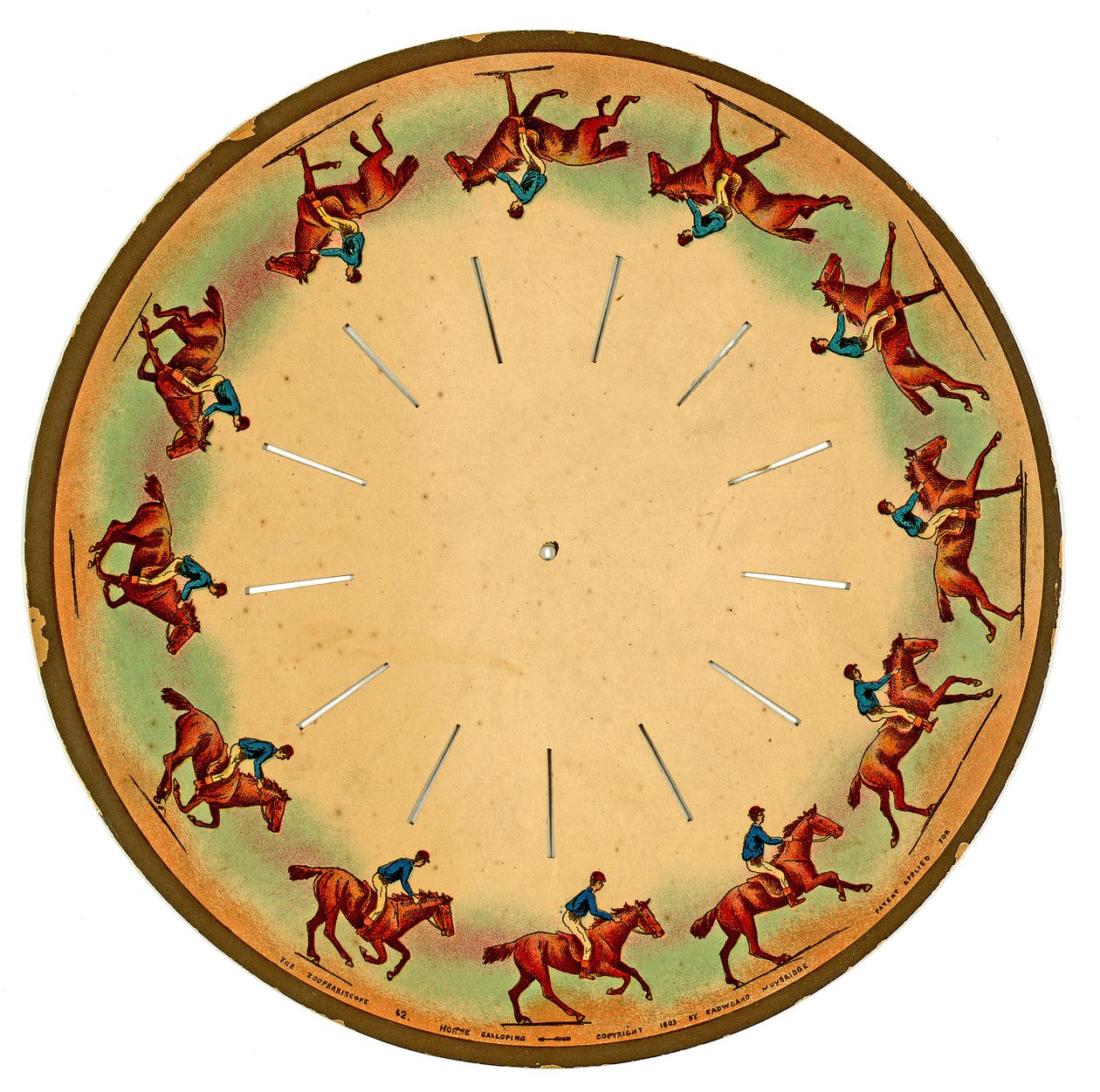 zoopraxiscope-skive som viser en hest som galopperer, 1893 av Eadweard Muybridge