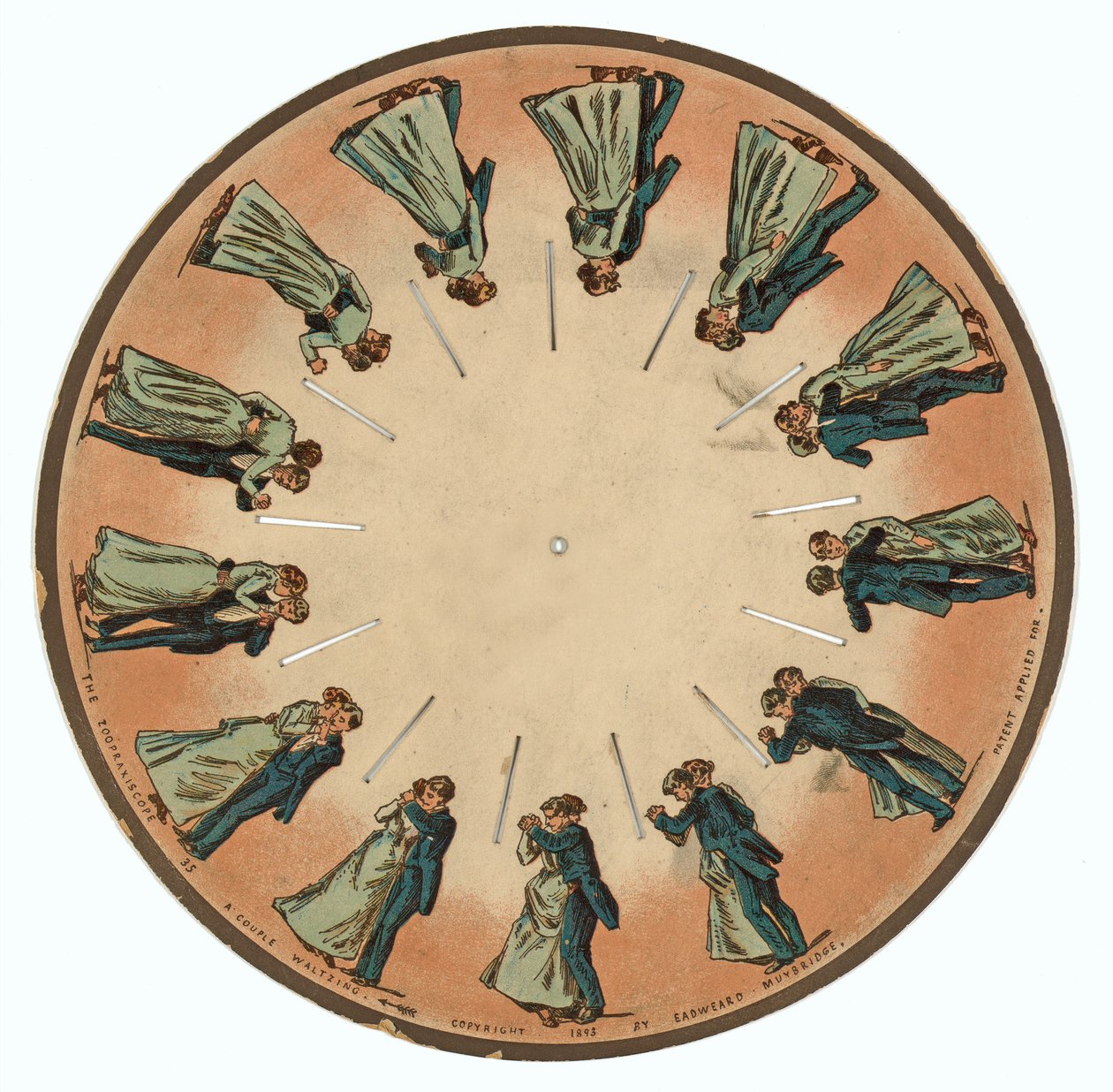 Zoopraxiscope-skive som viser et par som valser, 1893 av Eadweard Muybridge