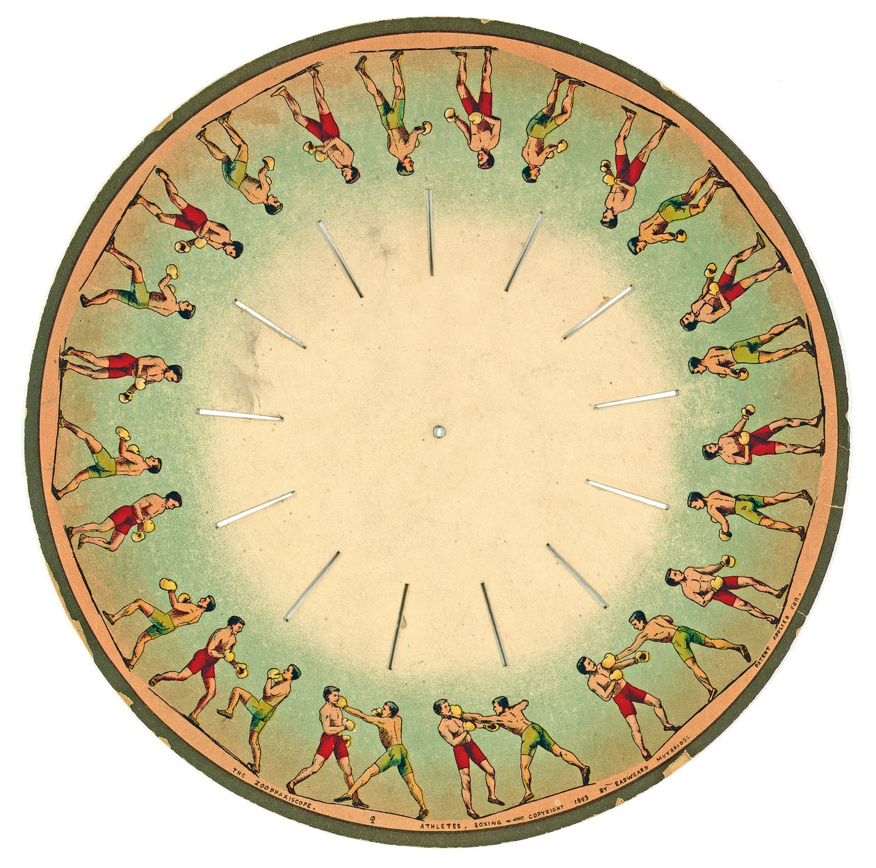 Zoopraxiscope-plate som viser menn som bokser, 1893 av Eadweard Muybridge