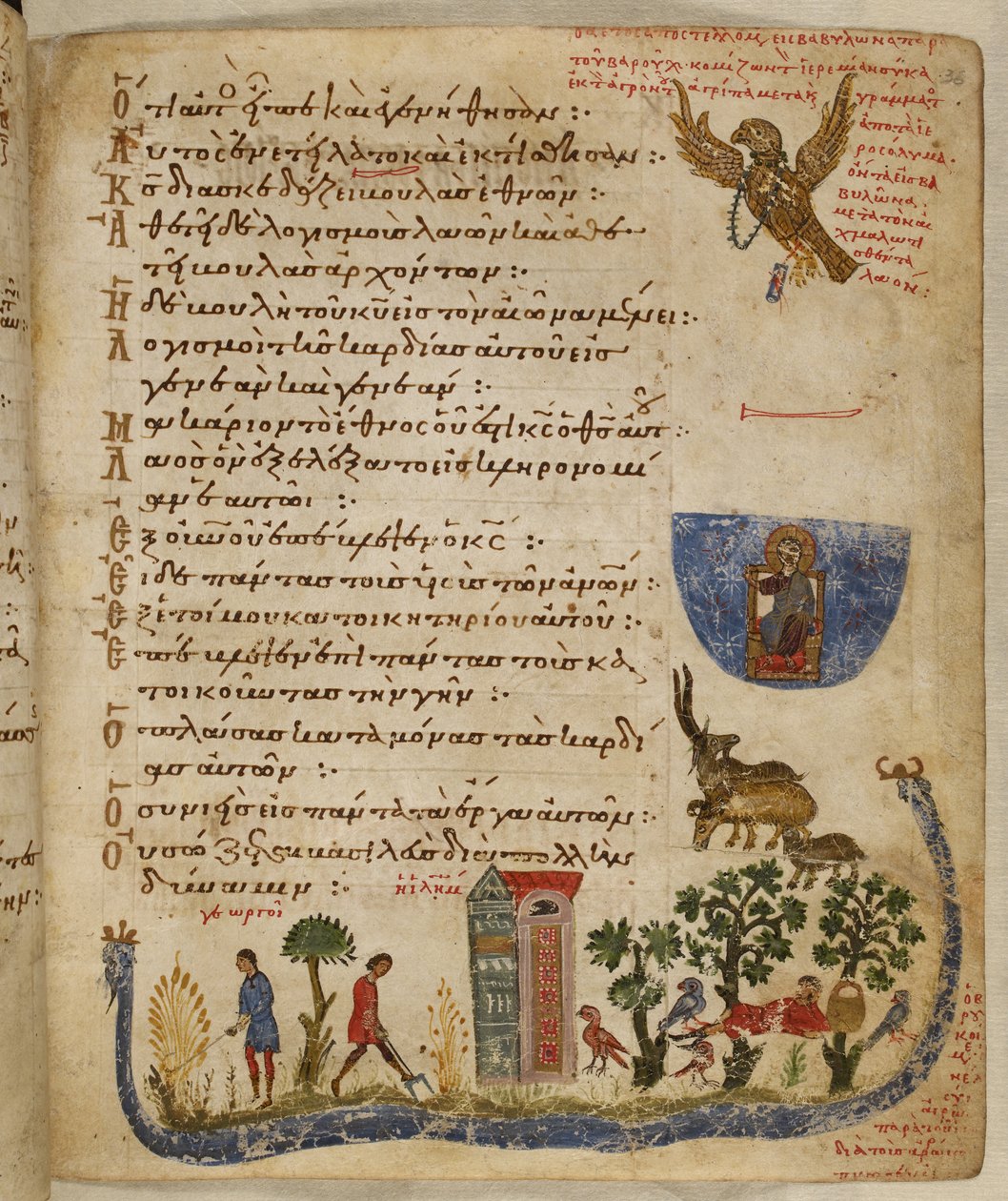 Legge til. 19352, f.36r Eagle sendt av Baruch; hagescene, fra Theodore Psalter av Eastern Mediterranean School