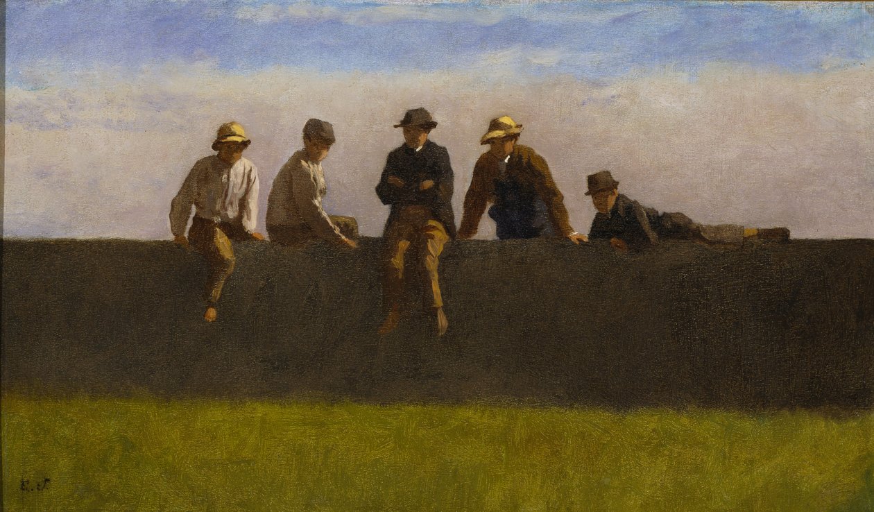Five Boys on a Wall, ca. 1875-1880 (olje på komposisjonstavle) av Eastman Johnson
