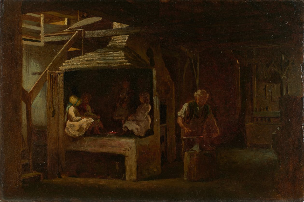 The Blacksmith Shop (olje på presset trefiberplate) av Eastman Johnson
