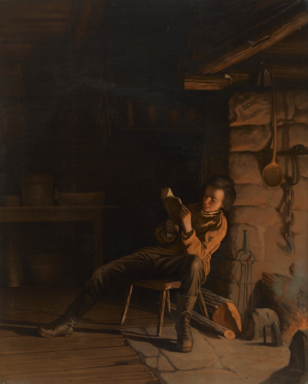 Boyhood of Lincoln. (An Evening in the Log Hut.), 1868 (kromolitografi på papir om bord) av Eastman Johnson