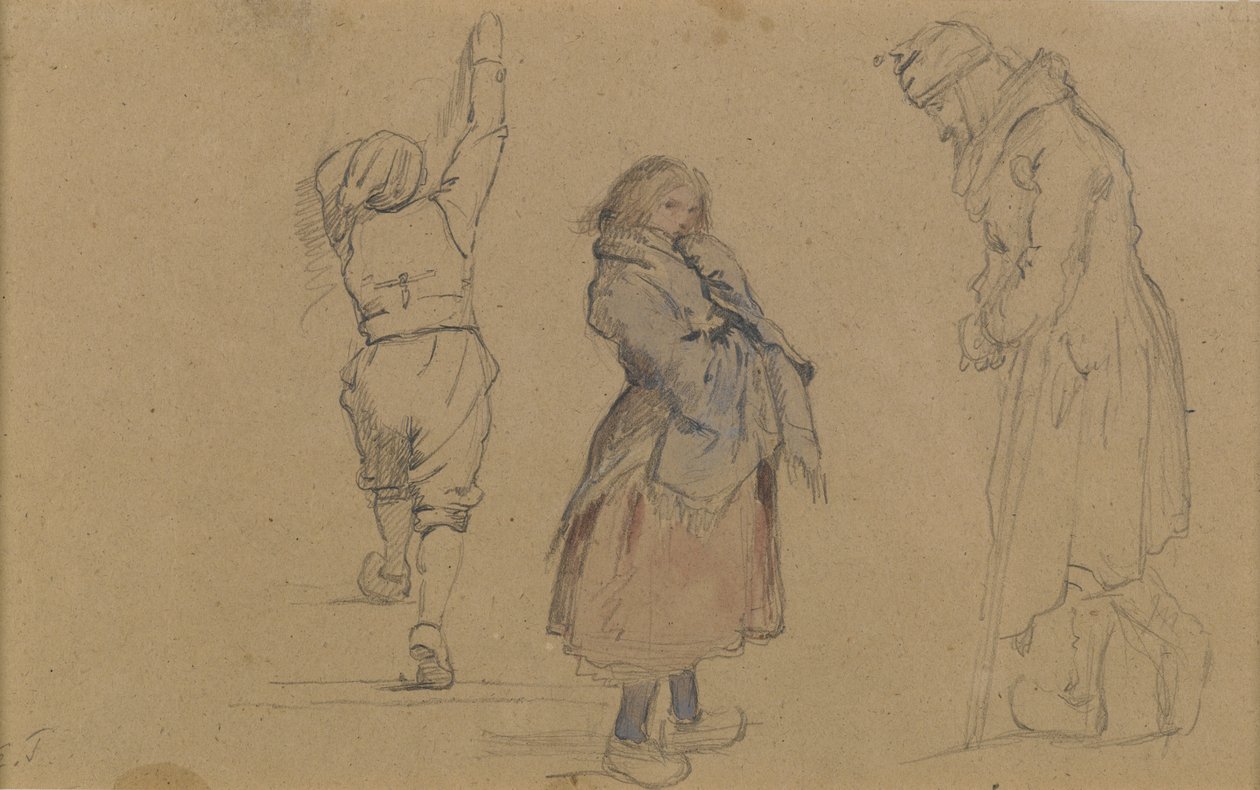 Tre nederlandske figurer, ca. 1852 (grafitt, wc og hvitt kritt på brunt papir) av Eastman Johnson