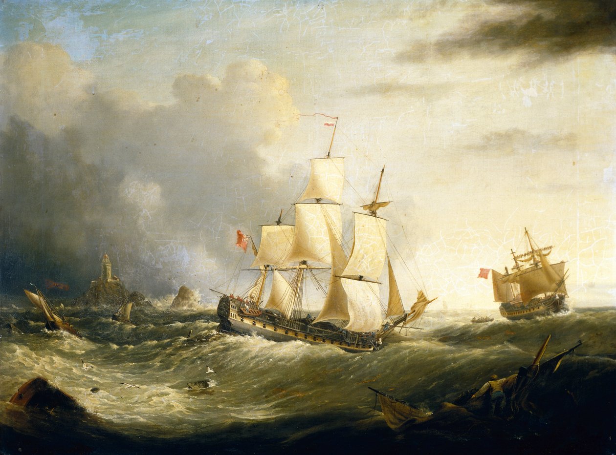 Two Deckers off Longships Lighthouse, Lands End (olje på lerret) av Ebenezer Colls