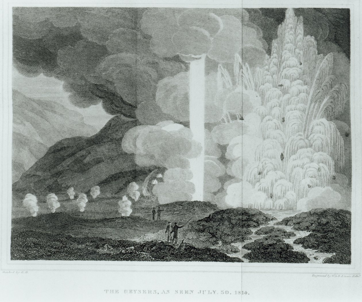 The Great Geysir of Strokkur, Island, fra Island: eller, The Journal of a Residence in That Island av Ebenezer Henderson, publisert 1819 (bw foto) av Ebenezer Henderson