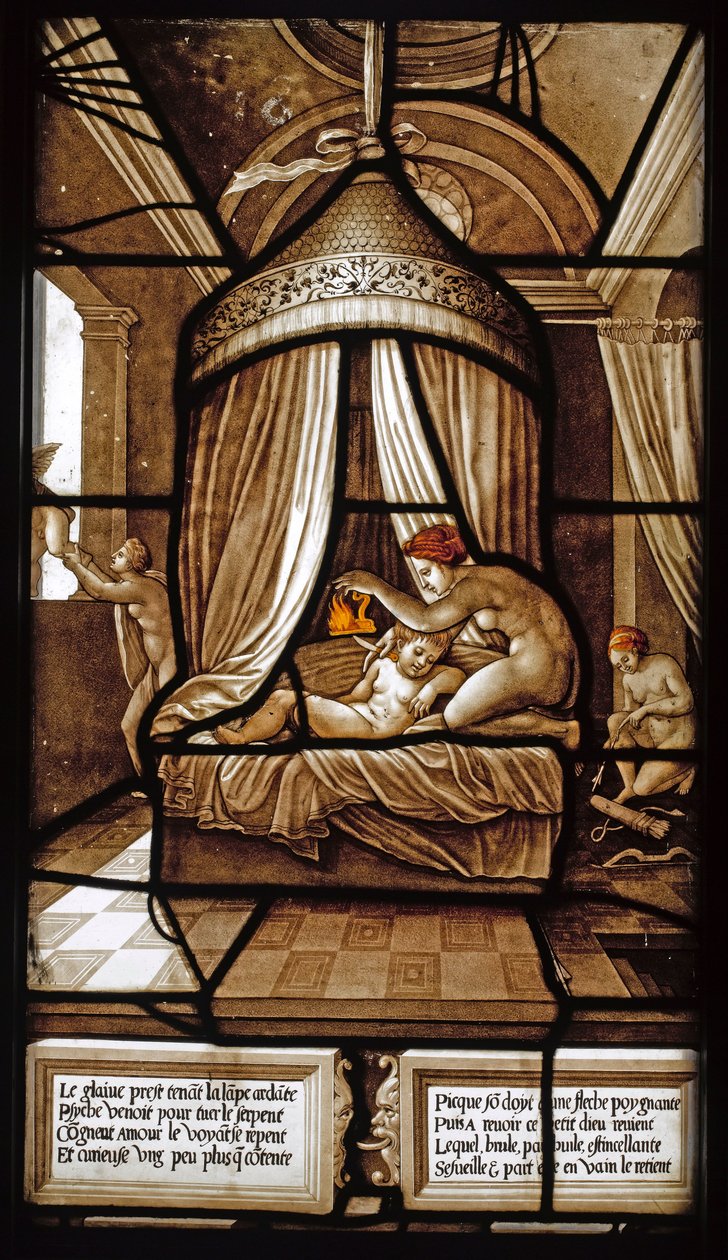 Glassmaleri fra historien om Psyche and Love av Ecole française