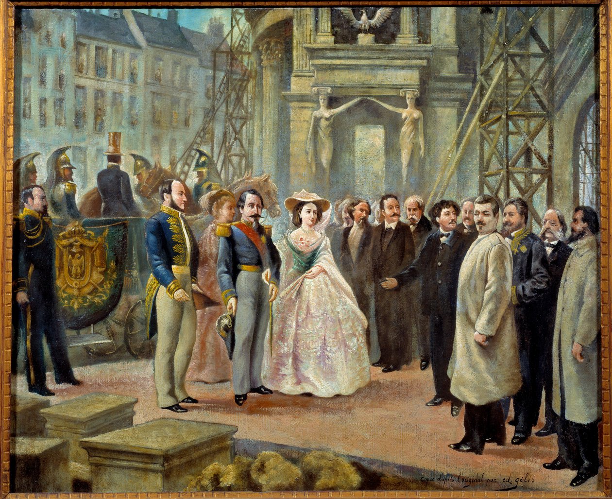 Napoleon III (1808-1873) og Imperatrice Eugenie (1826-1920) besøker verkene til Opera Garnier i Paris. Til venstre for Napoleon III er baron Georges Haussmann (1809-1891) og Charles Garnier med den løftede armen (1828-1885) til høyre for Impres av Ed. (after) Gilis