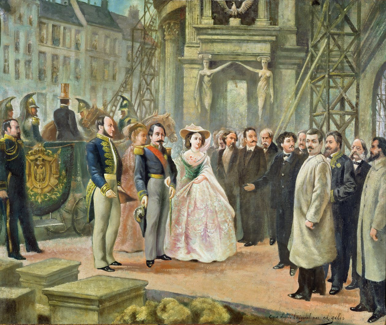 Baron Georges-Eugene Haussmann (1809-91) Napoleon III (1808-73) og keiserinne Eugenie (1826-1920) på besøk til arbeiderne ved operaen av Ed. Gilis