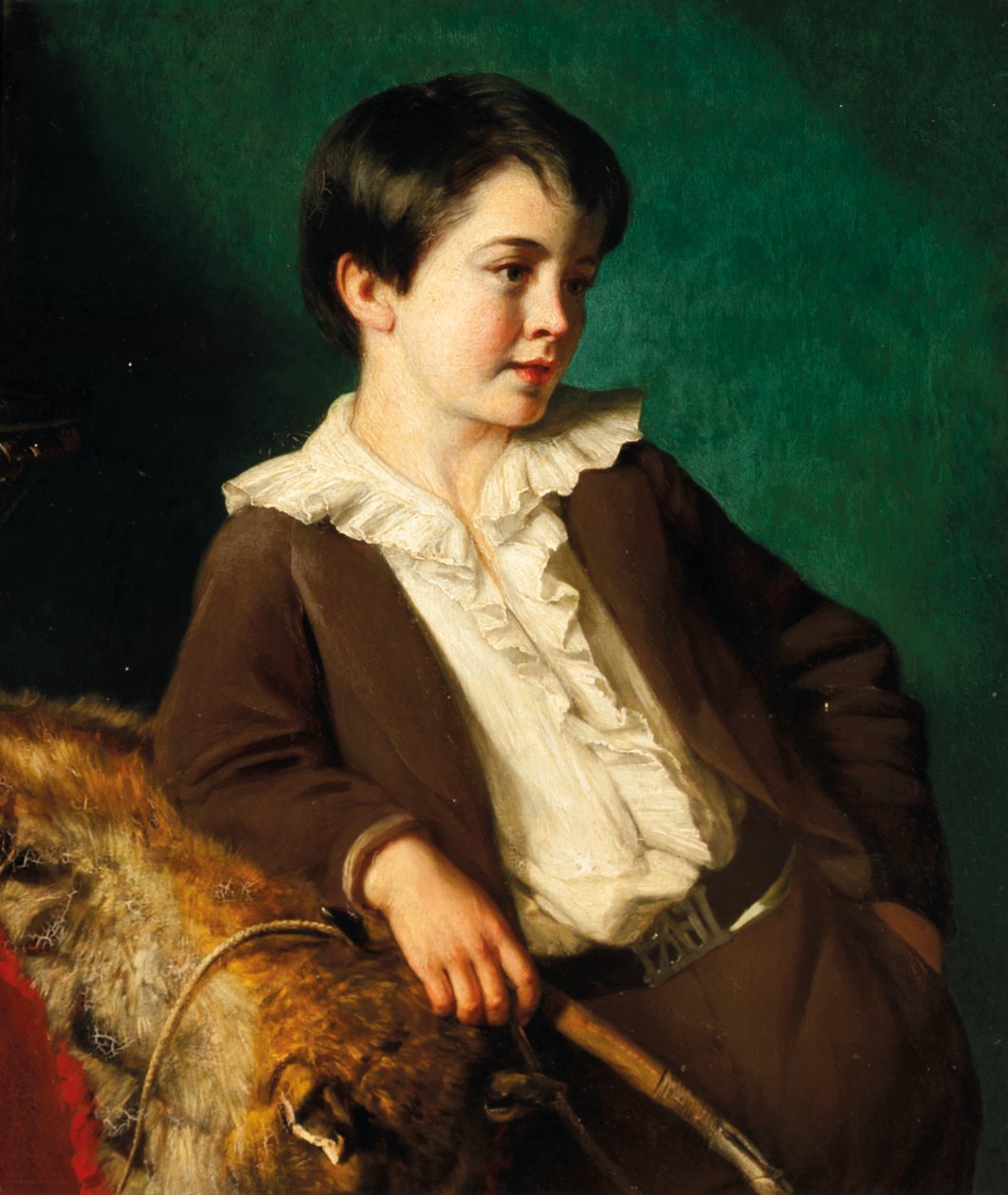 Portrett av mester John Lethbridge fra Tregeare Manor, Launceston, Devon, trekvart lang, i brun dress som holder en pisk, lener seg på et dyreskinn av Eden Upton Eddis