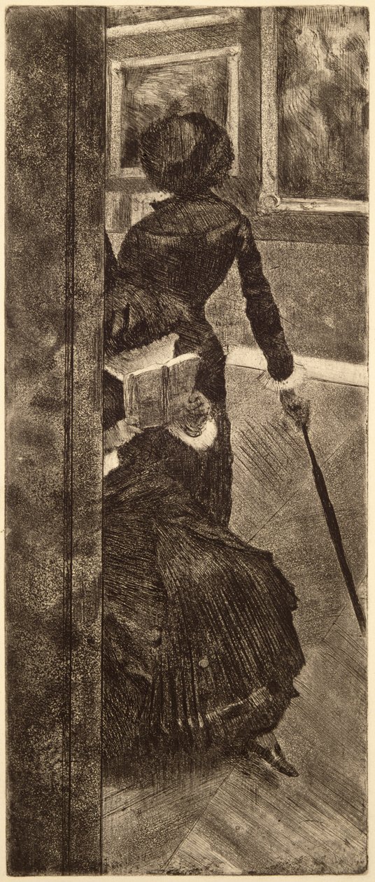 At the Louvre - The Painter (Mary Cassatt) ca. 1879 (etsing, tørrnål og akvatint på papir) av Edgar Degas