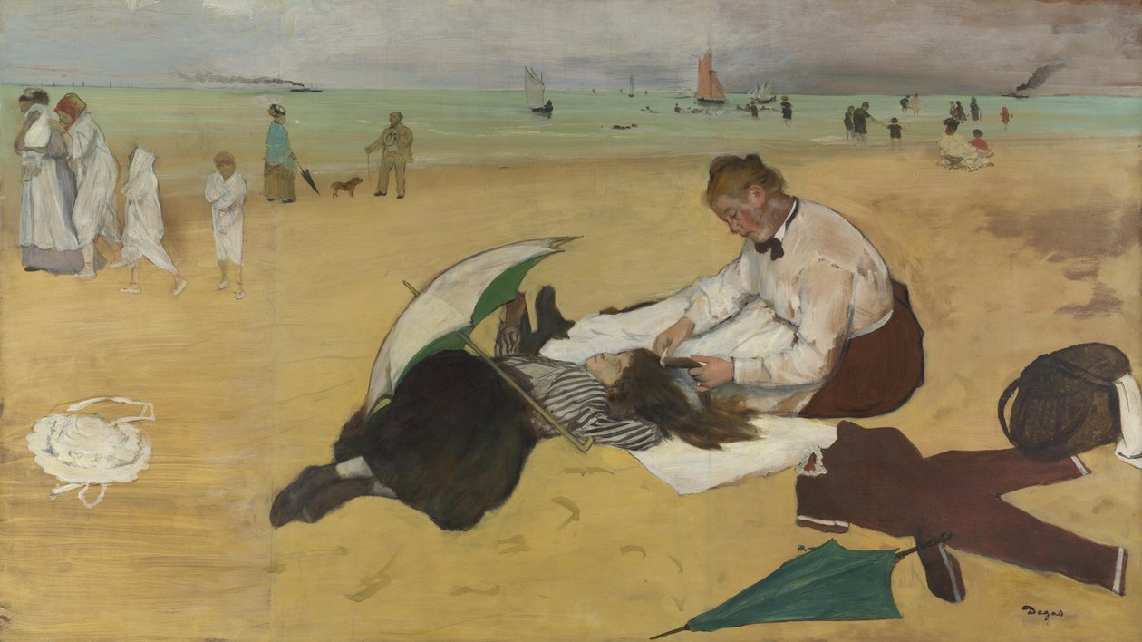 Strandscene: liten jente som får håret kjemmet av barnepiken, ca. 1876-77 (olje på papir) av Edgar Degas