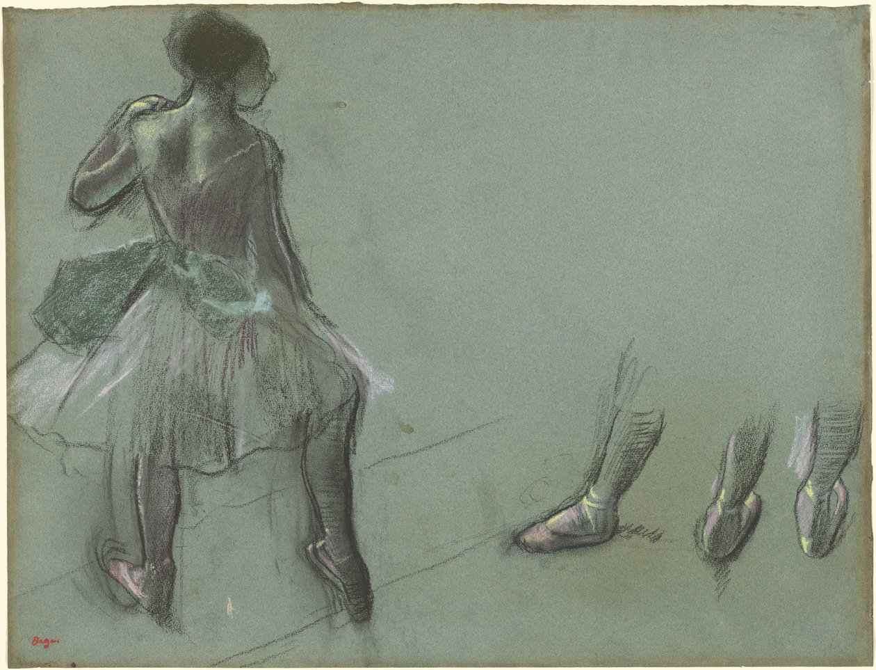 Dancer Seen from Behind og Three Studies of Feet, ca. 1878 (svart kritt og pastell på blågrått lagt papir) av Edgar Degas
