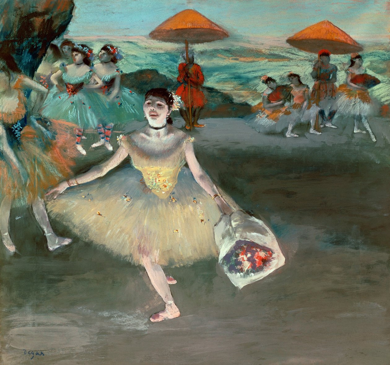 Danser med bukett, curtseying, 1877 (pastell på papir) av Edgar Degas