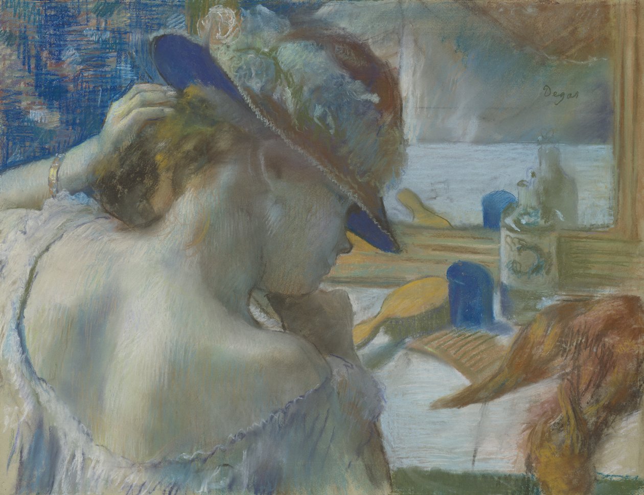 Foran speilet, 1889 (pastell på papir) (se 141380 for uinnrammet versjon) av Edgar Degas