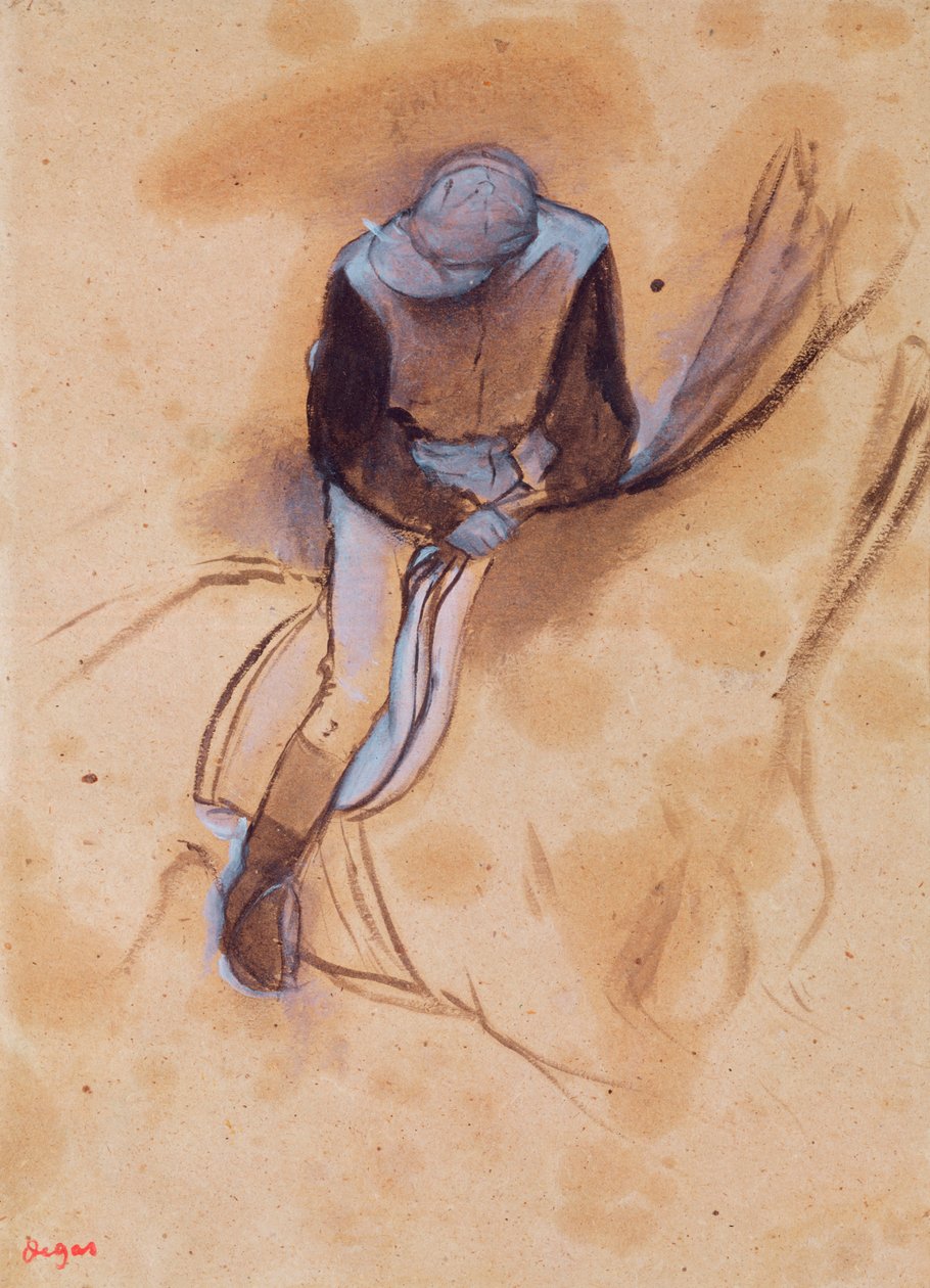 Jockey bøyde seg fremover stående i salen, 1860-90 (pastell og kull på papir) av Edgar Degas