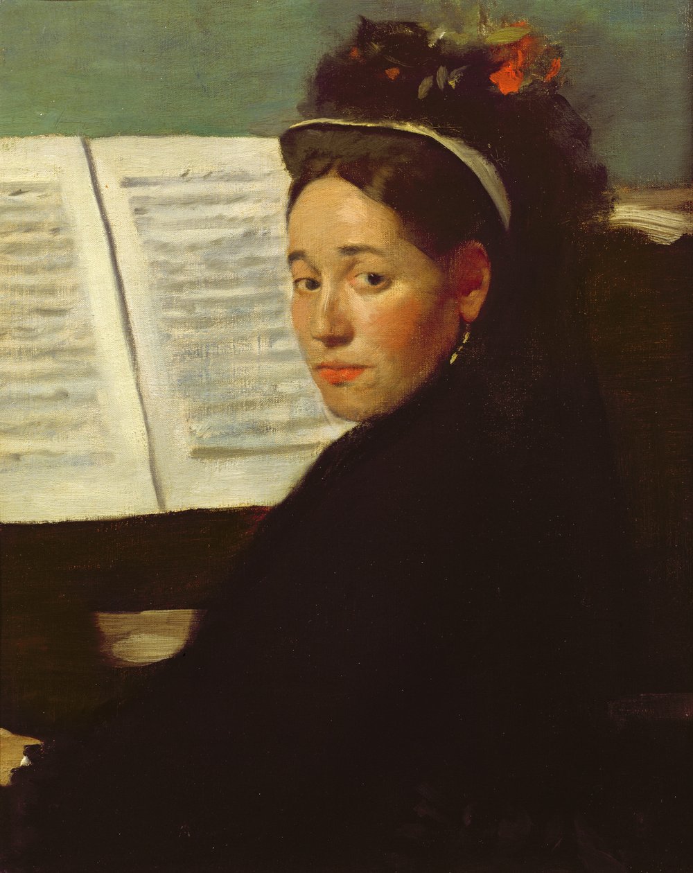 Mademoiselle Marie Dihau (1843-1935) ved pianoet, ca. 1869-72 av Edgar Degas