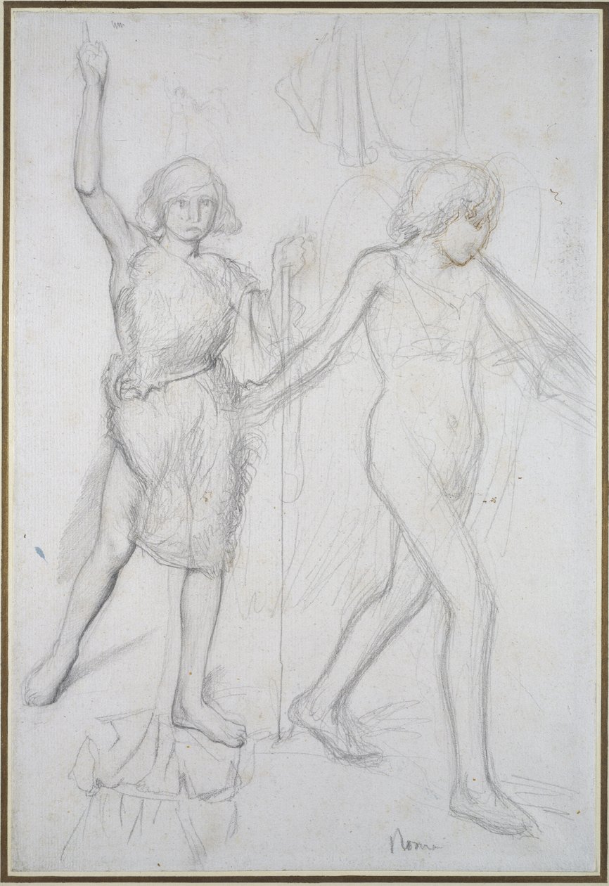 Døperen Johannes med en engel gående foran seg, til høyre (blyant med penn og brunt blekk på papir) av Edgar Degas