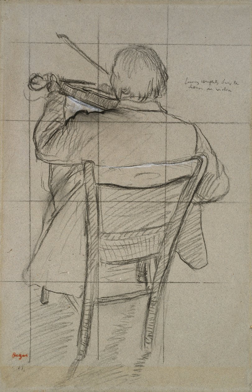 Studie av en fiolinist sett fra baksiden, 1800-tallet (kull forsterket med hvitt på papir) av Edgar Degas