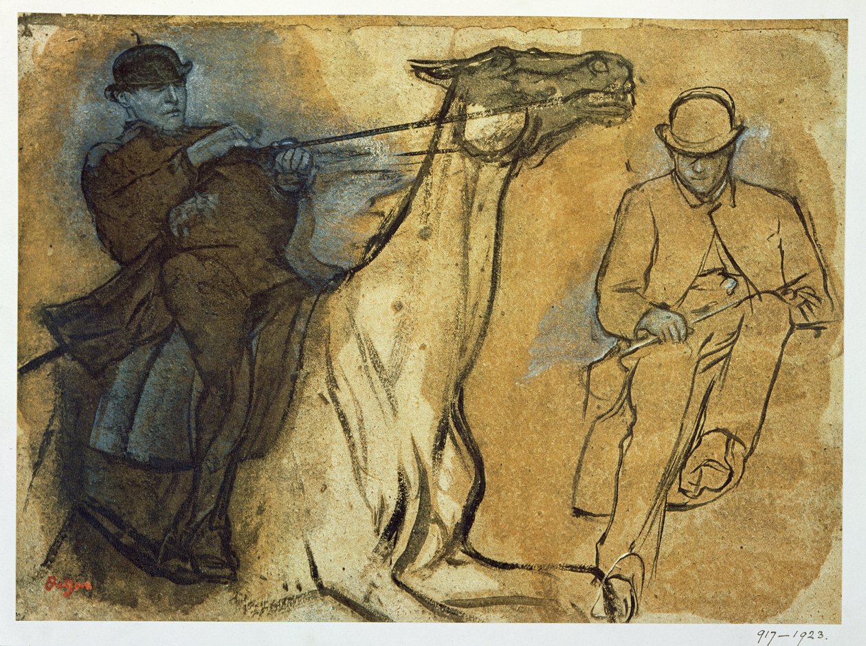 To studier av ryttere (penn og blekk, olje og gouache på buff-papir) av Edgar Degas