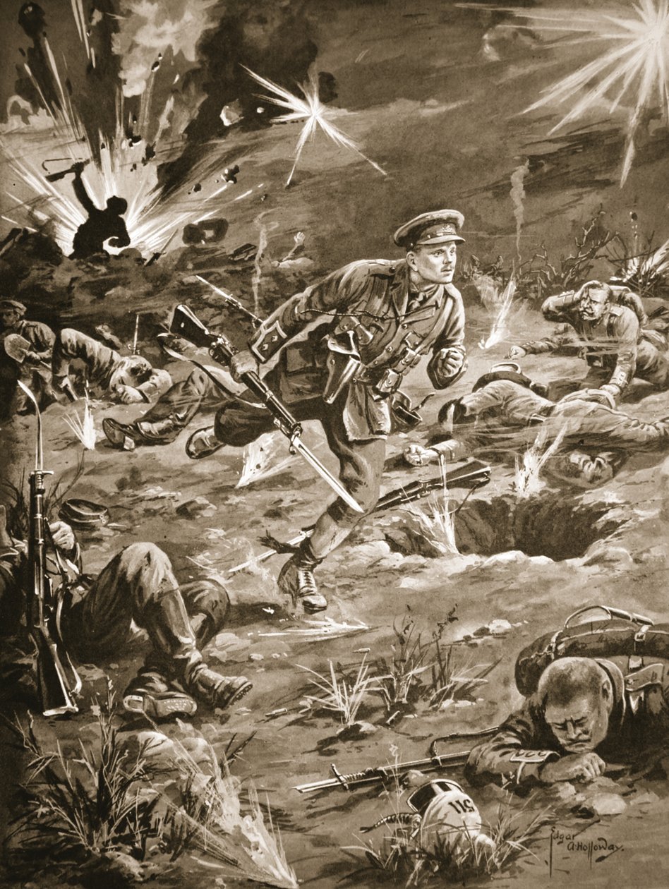 Løytnant Geary skynder seg, under kraftig granatbeskytning, til en grøft til høyre for Hill 60 for å komme i kontakt med en offiser av Edgar Alfred Holloway