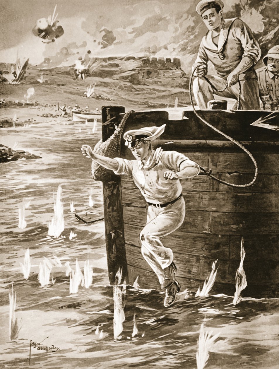 Midshipman Malleson hoppet med en line fra en lekter for å koble sammen en annen lekter som drev av Edgar Alfred Holloway
