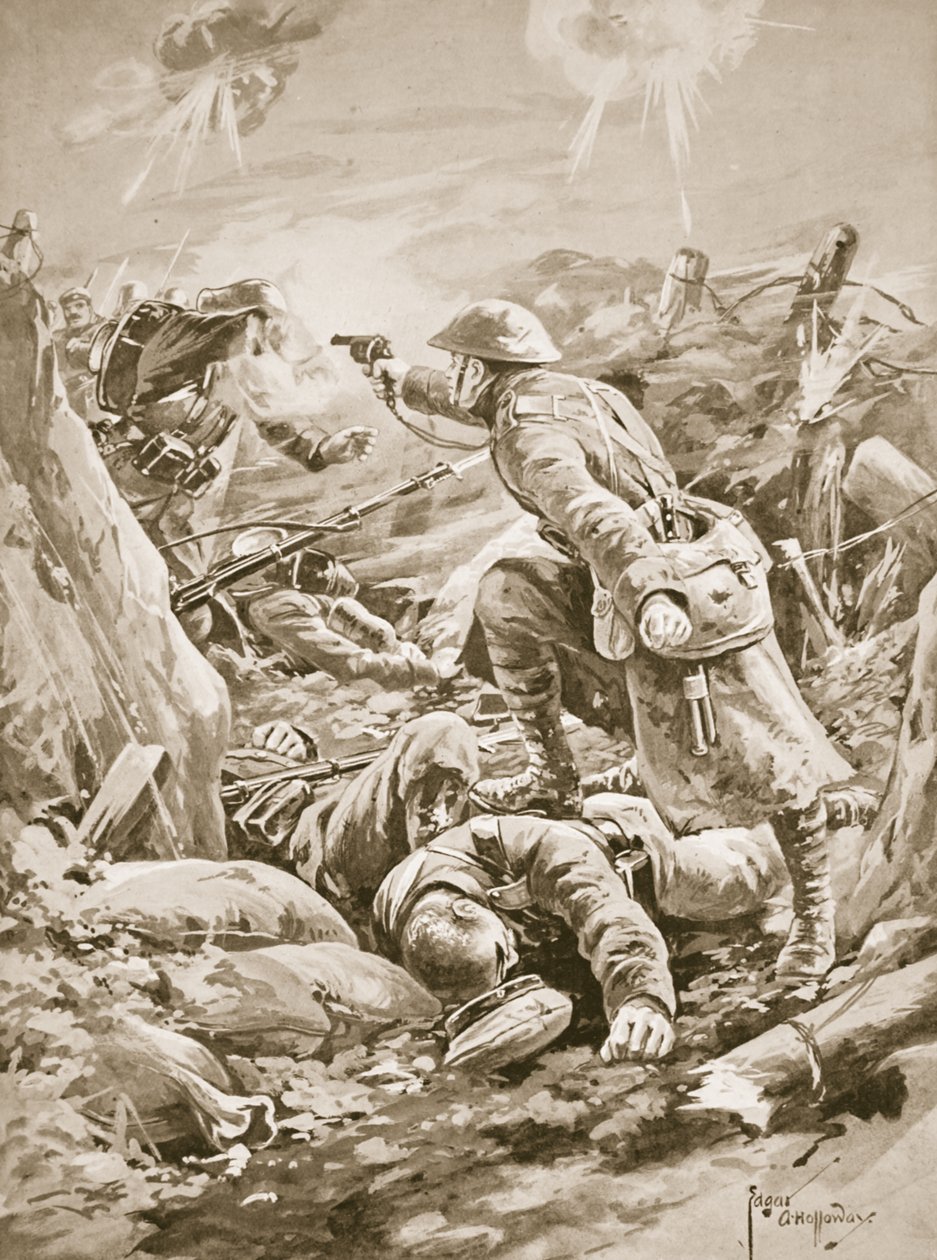 Menig (konstituert korporal) L. Clarke, enhånds, holder et parti tyskere i sjakk under et motangrep av Edgar Alfred Holloway