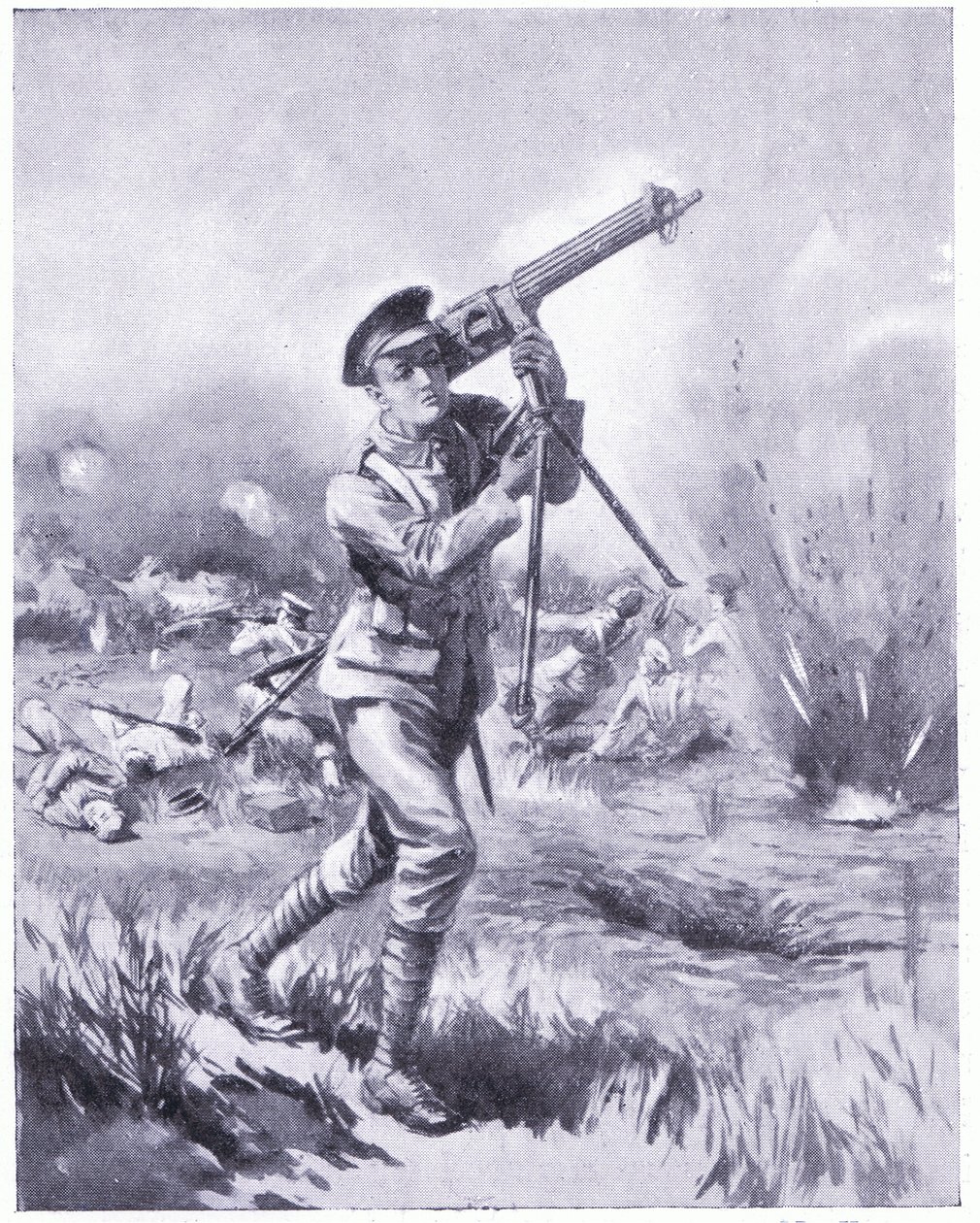 Menig Lynn bærer bort et maskingevær for reparasjon under kraftig ild i slaget ved Aisne. Tildelt DCM 1915 av Edgar Alfred Holloway