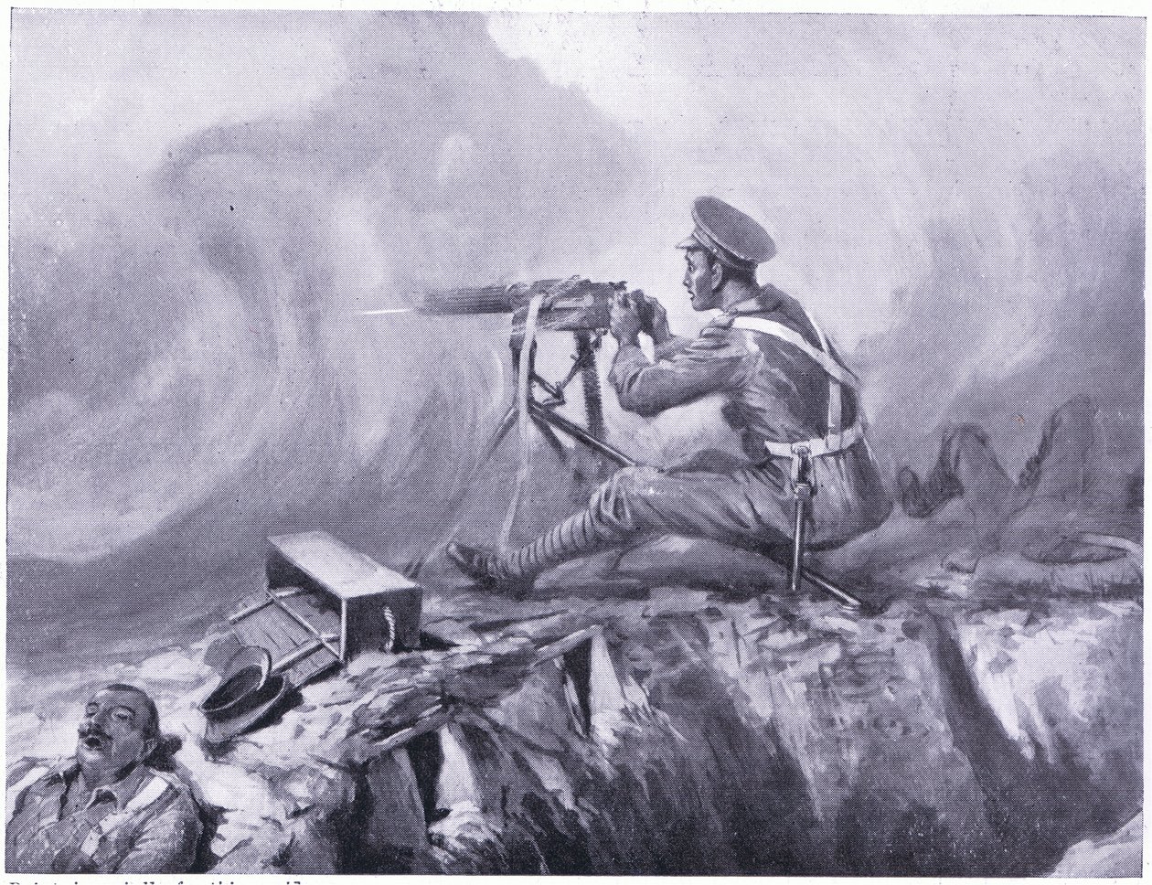 Menig Lynn dør av gassforgiftning, serverer et maskingevær og slår av et tysk angrep. Ypres april 1915 av Edgar Alfred Holloway