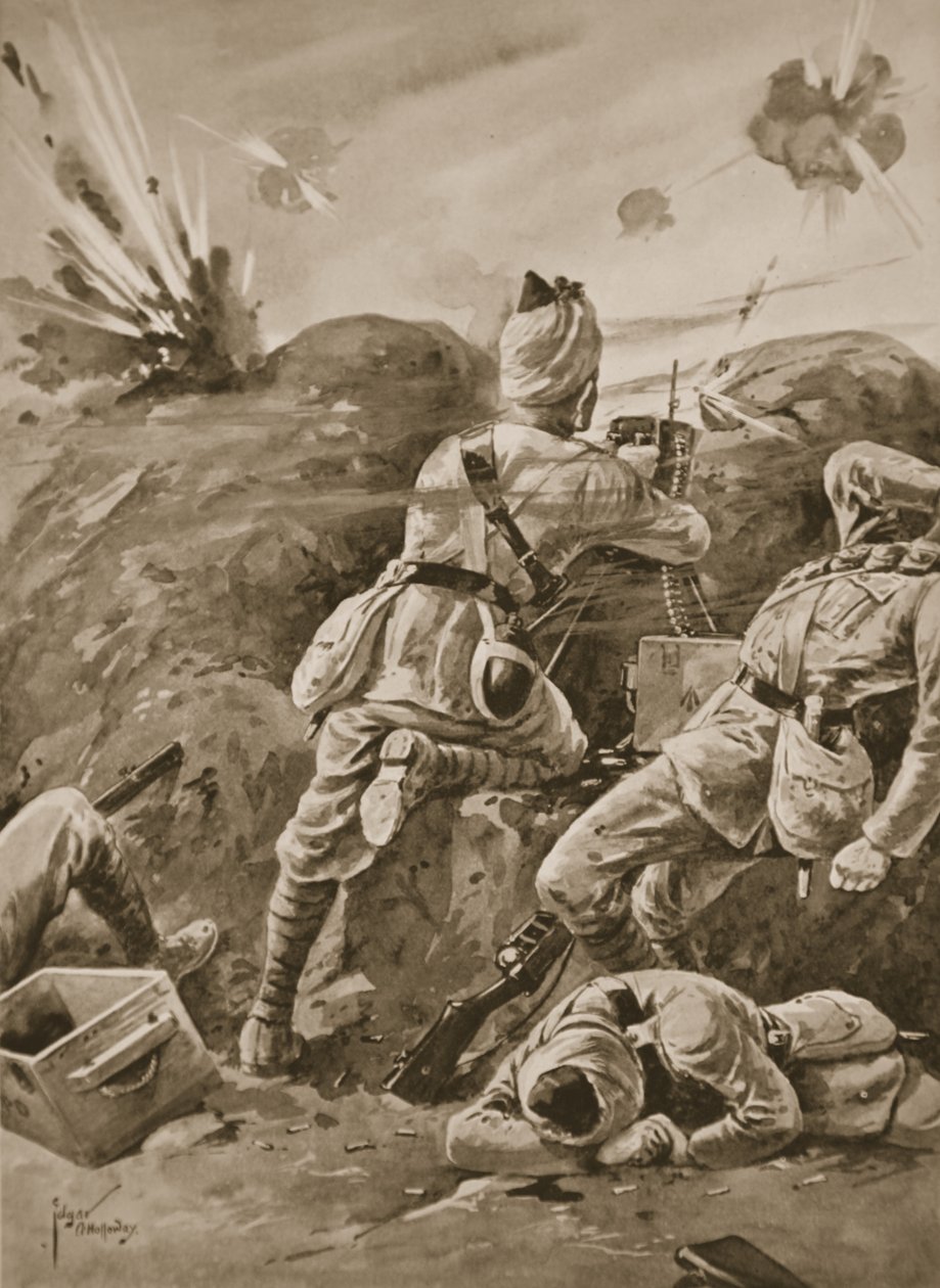 Sepoy Khudadad arbeidet med et maskingevær etter at resten av våpenavdelingen hadde blitt drept av Edgar Alfred Holloway