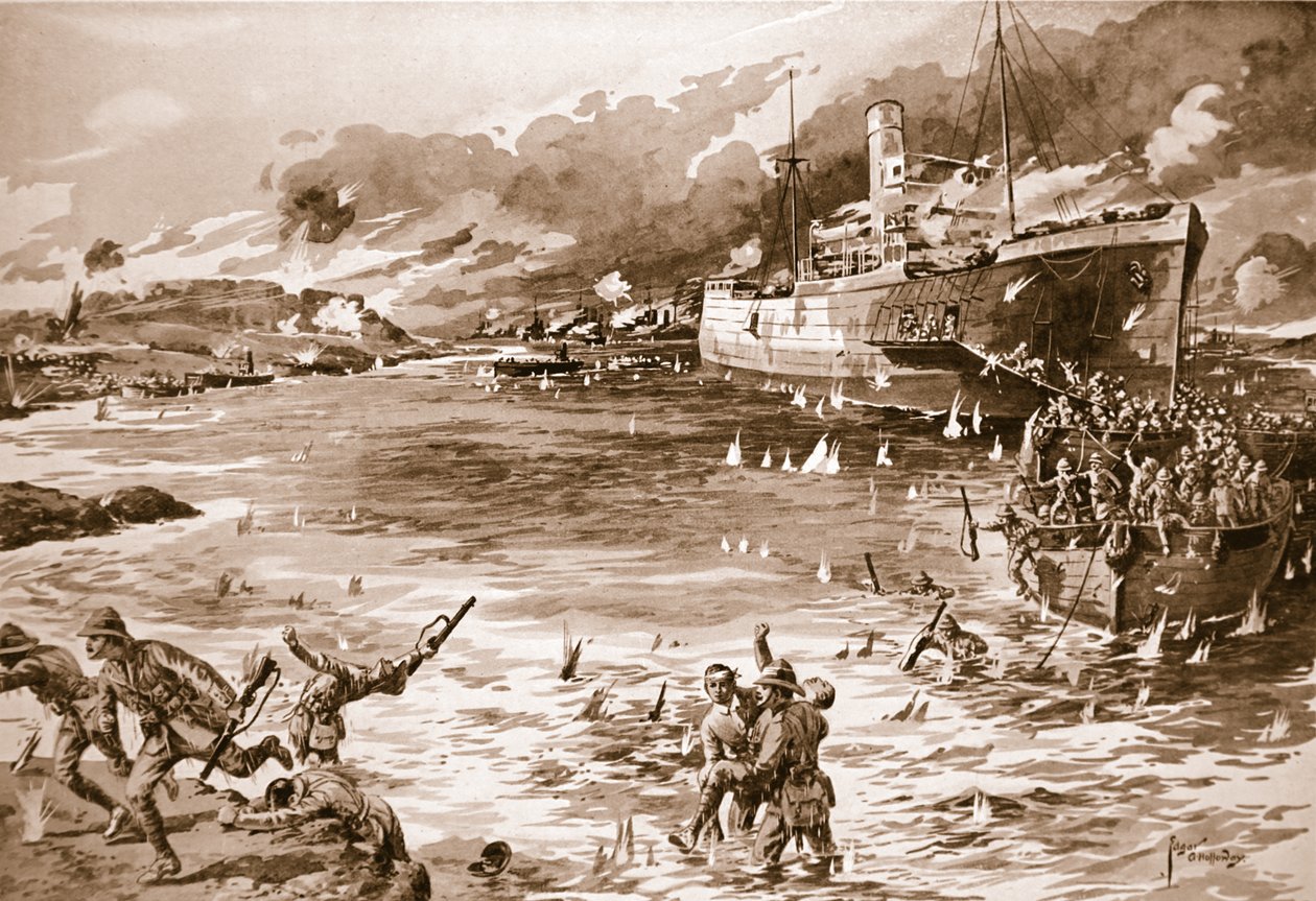 Den berømte landingen fra 'River Clyde' ved V Beach av Edgar Alfred Holloway