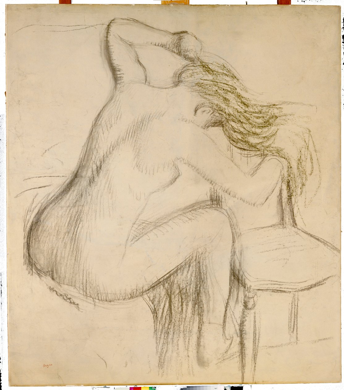 En sittende naken kvinne styler håret hennes av Edgar Degas