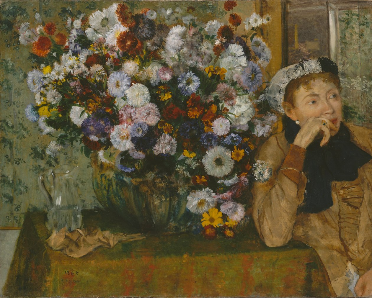 En kvinne som sitter ved siden av en vase med blomster, Madame Paul Valpinçon, 1865. av Edgar Degas