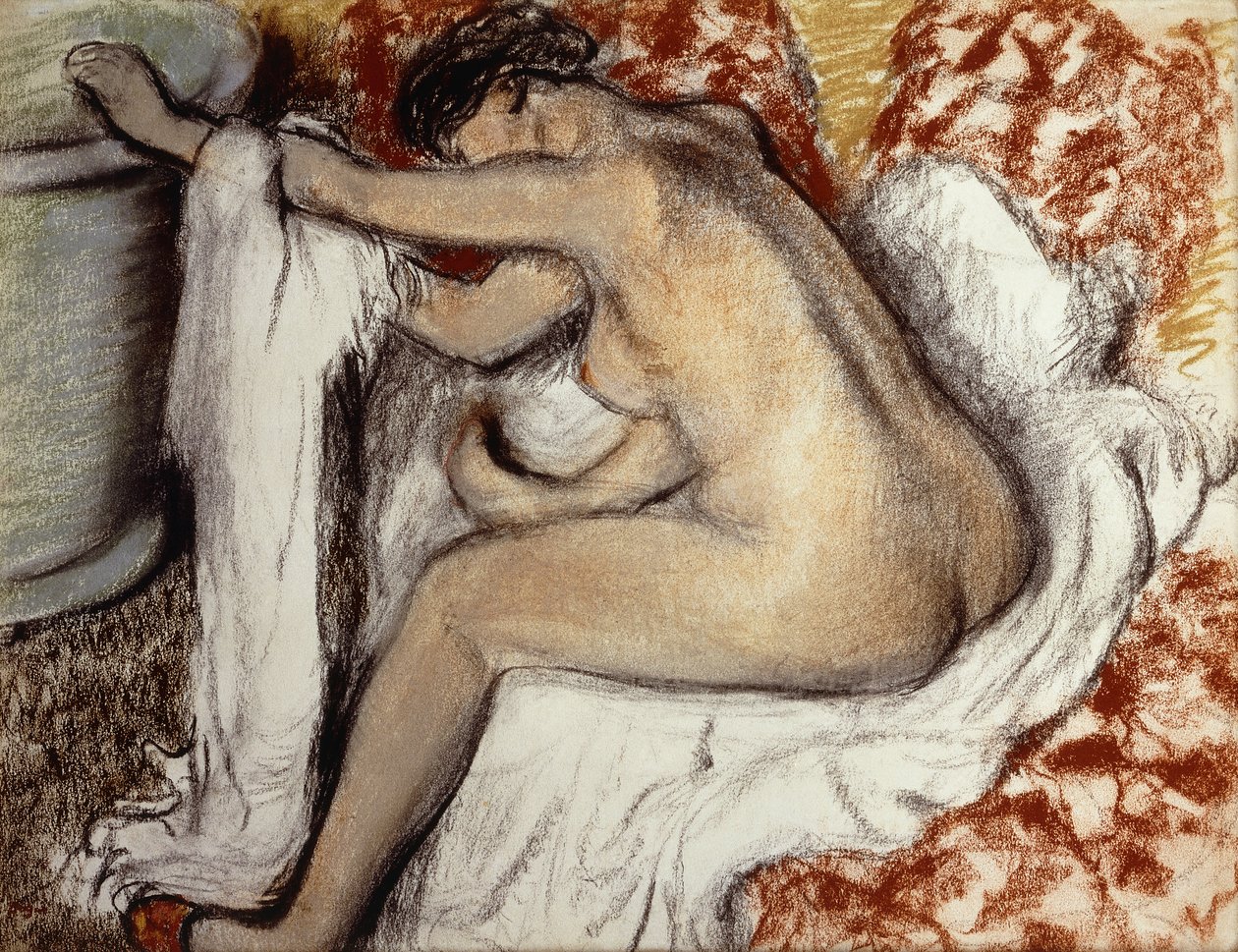 Etter badet, kvinne tørking; Etter badet tørker kvinnen seg, ca. 1884 av Edgar Degas