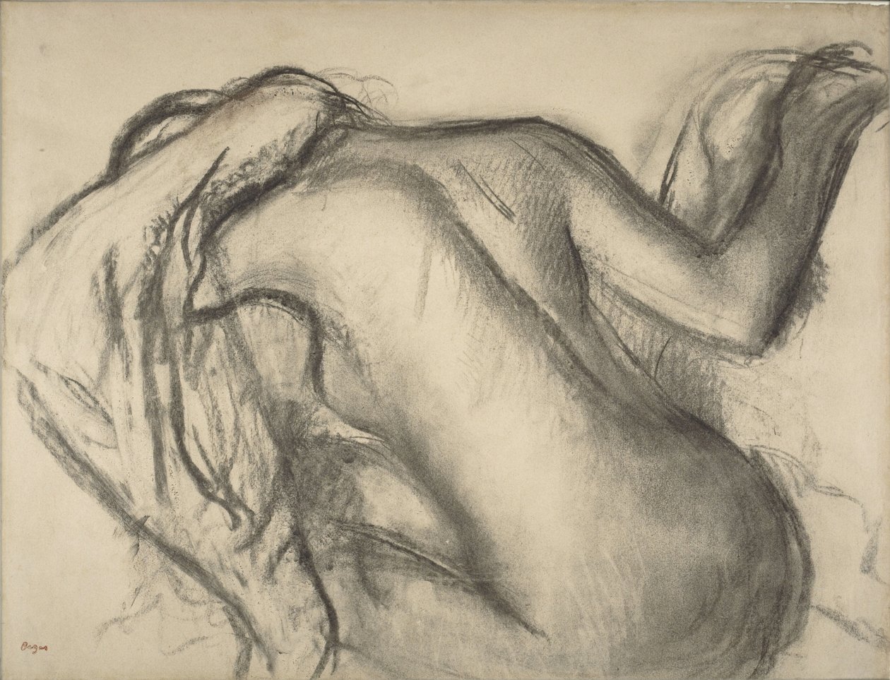 After the Bath, Woman Drying Her Hair, ca. 1893-98 (kull & brunt kritt på papir) av Edgar Degas