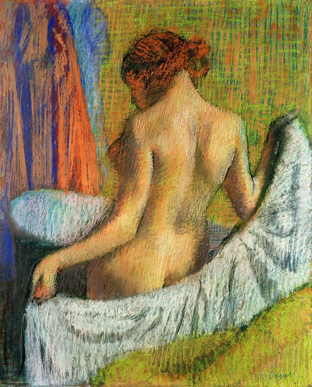 After the Bath, kvinne med et håndkle, ca. 1885-90 (pastell på vevd papir) av Edgar Degas