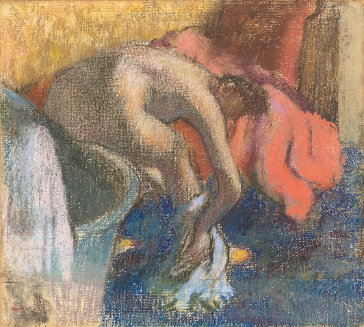 Etter badet tørker kvinnen benet hennes av Edgar Degas