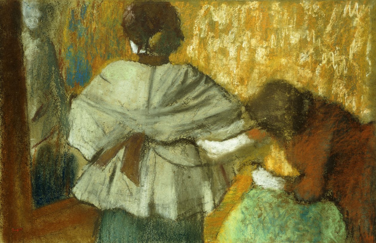 Hos Syeren, Beslaget; Hos syersken, montering, 1882 av Edgar Degas