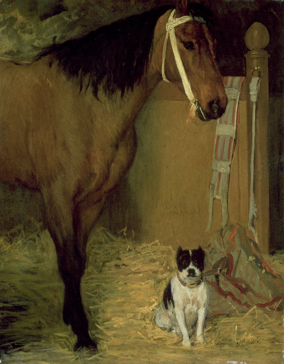 På stallen, hest og hund, ca. 1862 av Edgar Degas