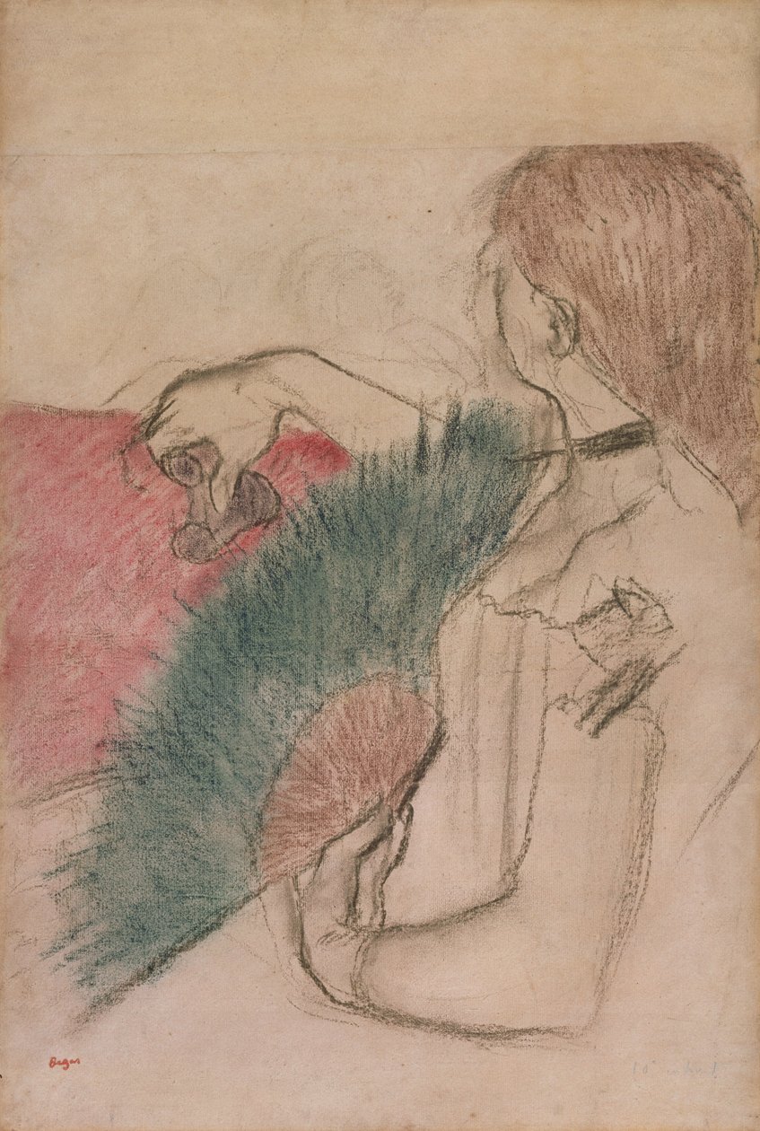 På teatret, Woman with a Fan, 1880 av Edgar Degas