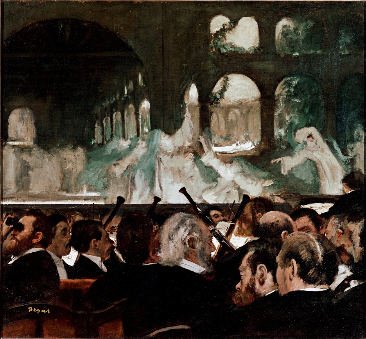 Ved balletten Robert le Diable”” de Meyerbeer”” Ballett komponert av Jakob (Giacomo) Liebmann Meyerbeer (1791-1864) og Eugene Scribe. Tilskuere på første rad. Maleri av Edgar Degas (1834-1917) 1876 Søn. 75x81 cm London, Victoria and Albert Museum av Edgar Degas
