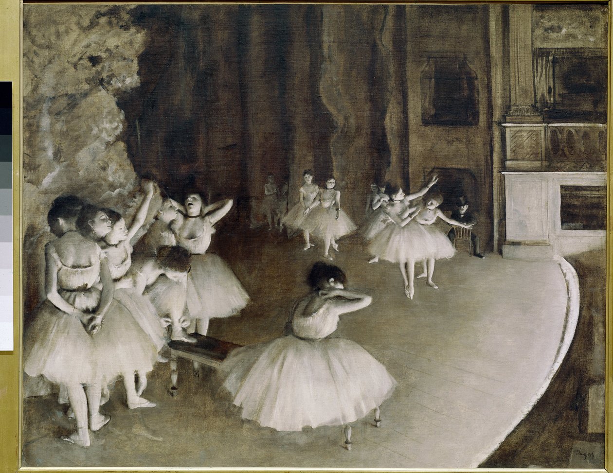 Ballettøvelse på scenen (olje på lerret av Edgar Degas