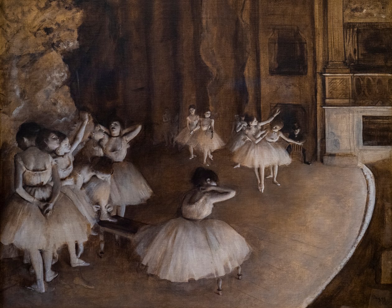 Ballettrepetisjon på scenen. 1874. Olje på lerret. av Edgar Degas