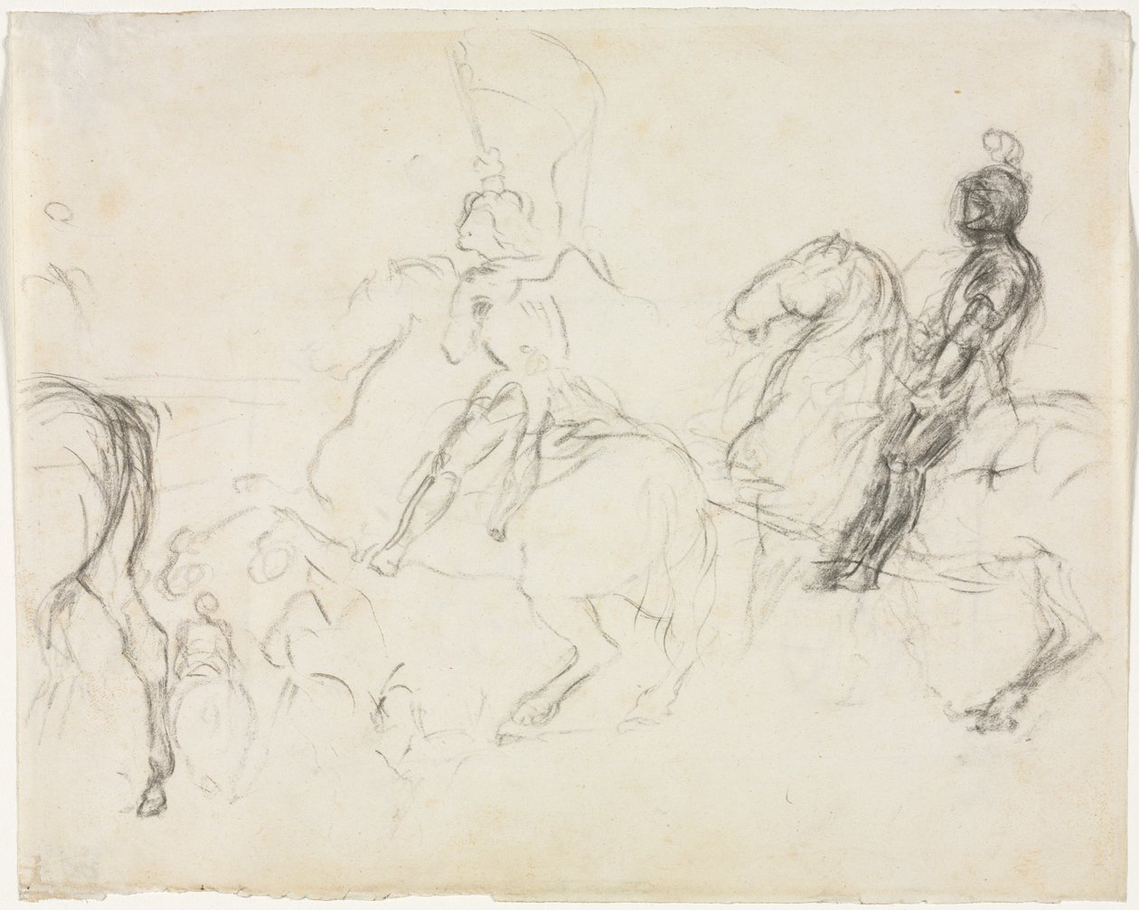 Kampscene med pansrede figurer på hesteryggen rettet mot to sittende kvinner verso, 1856-1860. av Edgar Degas
