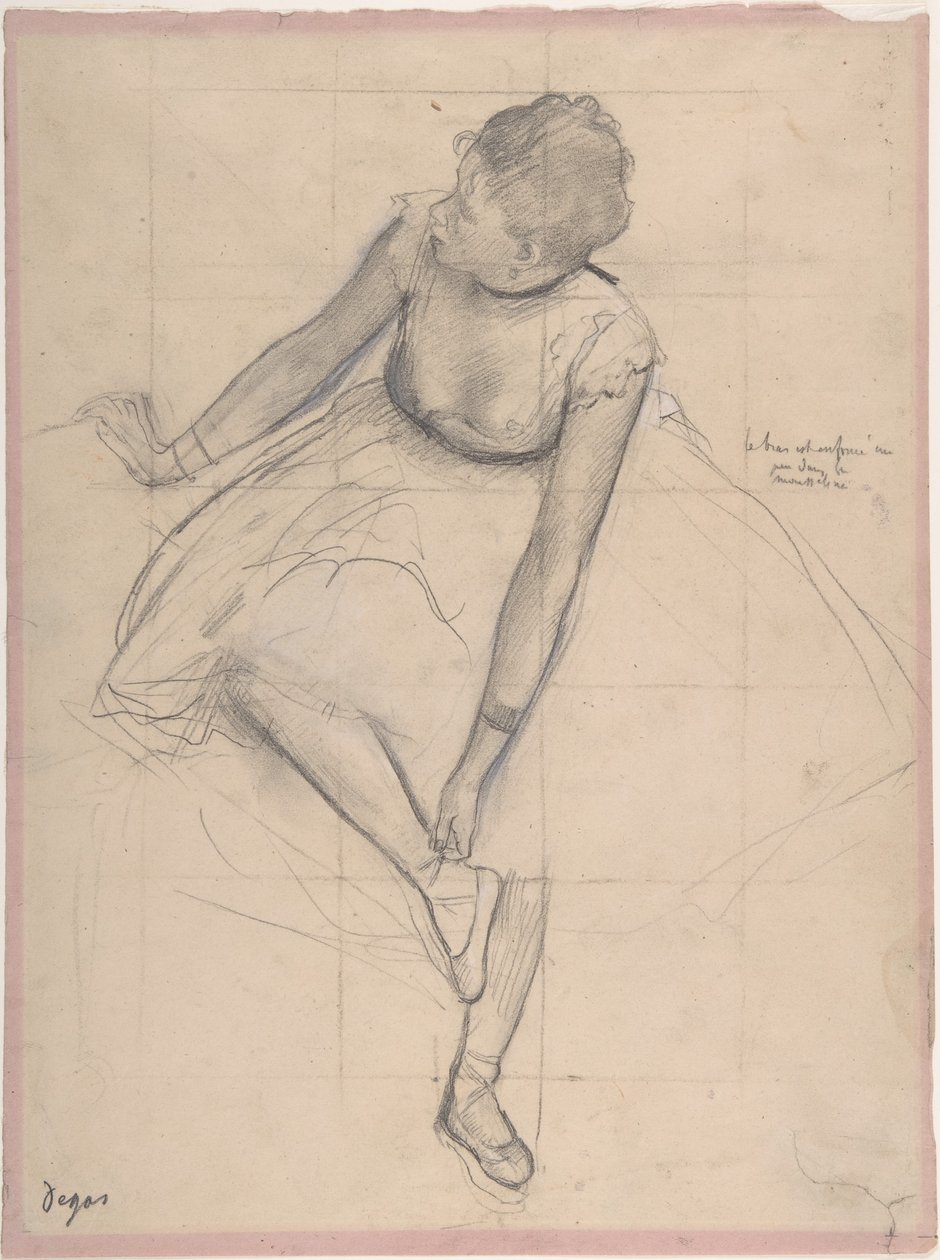 Dancer Adjusting Her Slipper, 1873 (grafitt forsterket med svart og hvitt kritt på rosa vevd papir) av Edgar Degas