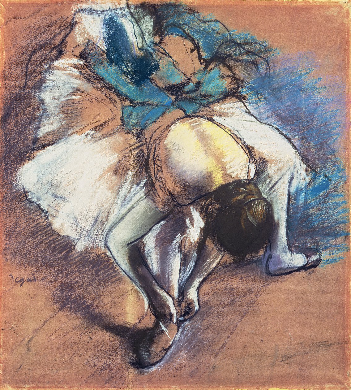 Dancer Fastening her Pump, ca. 1880-85 (pastell og svart kritt på brunpapir) av Edgar Degas