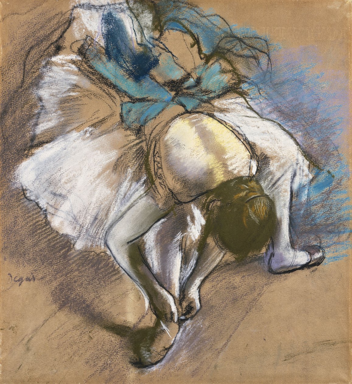 Danser som tar på seg skoene; Danser som binder tøffelen sin, ca. 1880-1885 av Edgar Degas