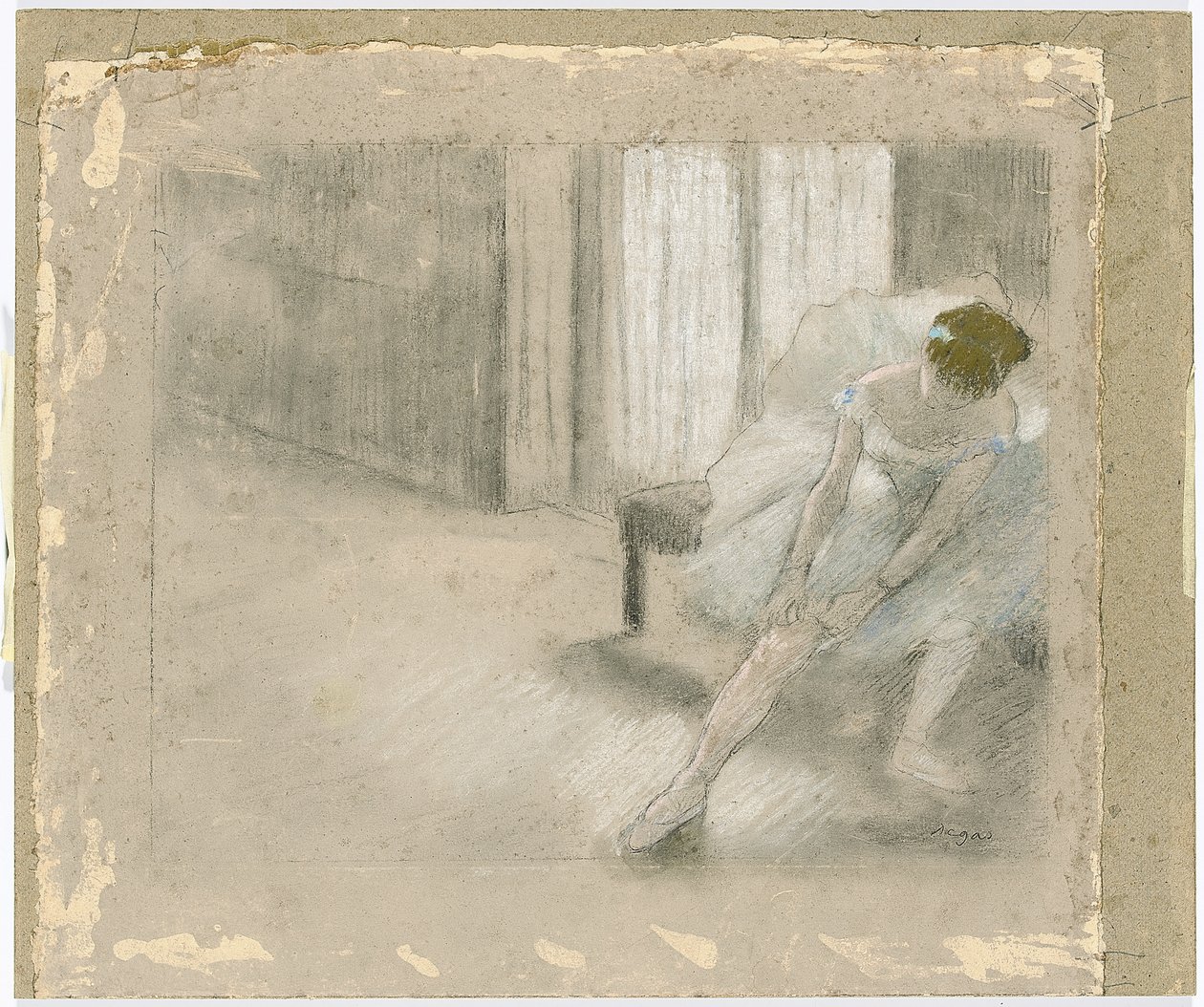 Danser Sittende, Justerer strømpen sin, Danseuse tirant sønn maillot av Edgar Degas