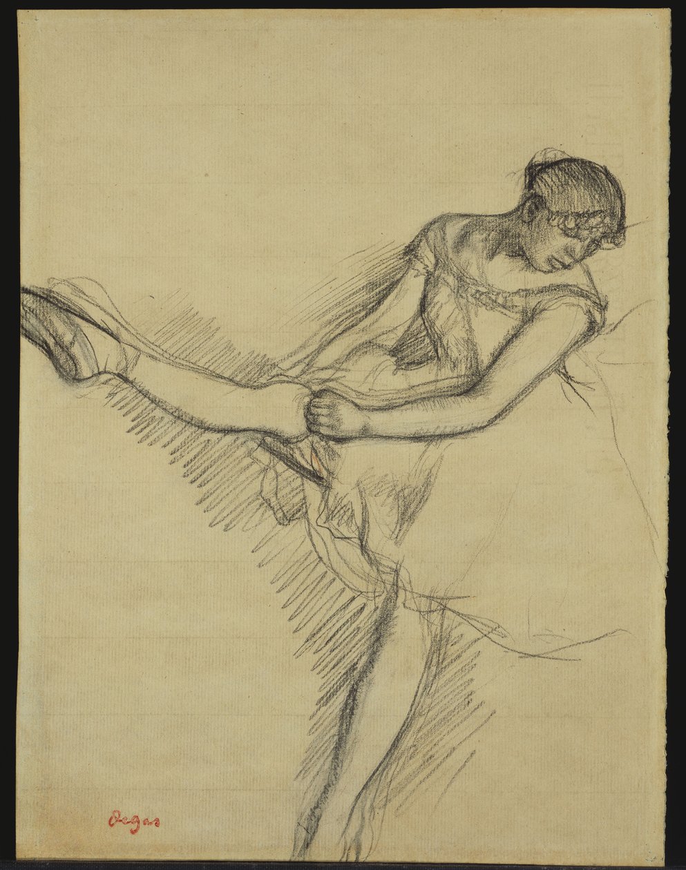 Sittende danser, justerer strømpen på nytt, ca. 1880 av Edgar Degas
